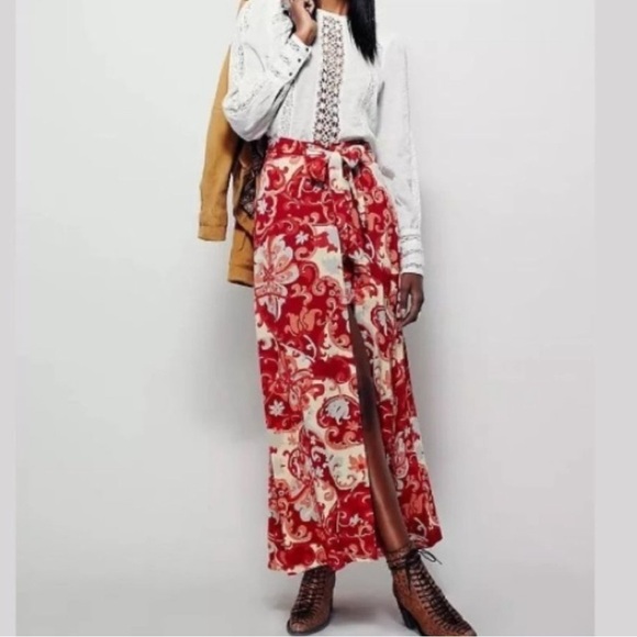 Free People Red Paisley Young Thing Wrap Maxi Skirt High Slit - Picture 1 of 10